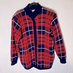 Vintage Tradition Sears Red Navy Plaid Knit Zip Front Cardigan Jacket L